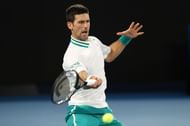 Novak Djokovic hits a forehand